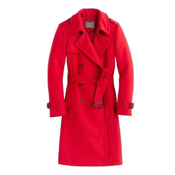 NWT J.Crew Icon Trench in Bold Red Wool-Cashmere Belted Coat 10 $375